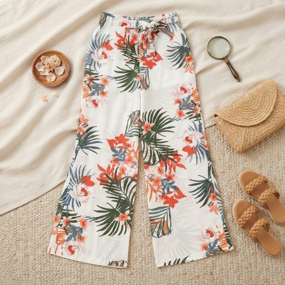 Fashion Nova Nyla Print Pants Cream Floral Tropical Wide Leg High Waist NWT M